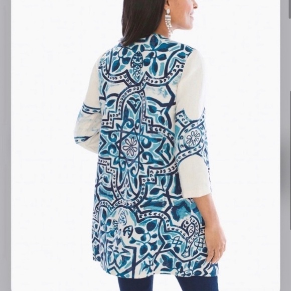 Chico’s Artisan Printed Linen Jacket blue, cream - Picture 2 of 16